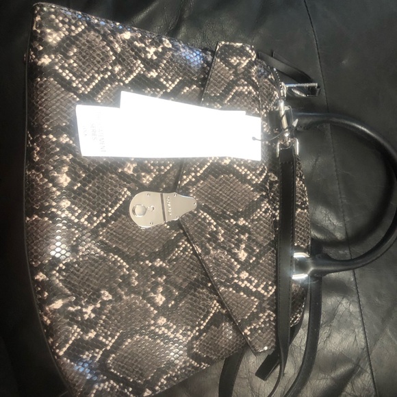 Calvin Klein Lock Black Gray Python Snake Print Leather Satchel Purse Handbag - Picture 3 of 3